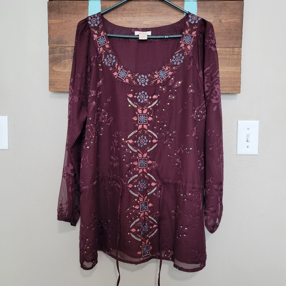 Sundance Tops - Sundance Burgandy Burnt Velvet Embroidered Sequence Tunic Blouse Size XL
